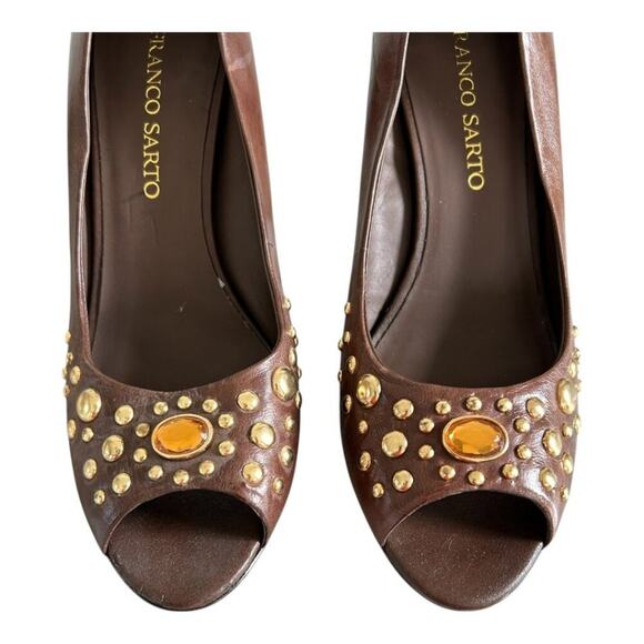 Franco Sarto Fanatic Heels Brown Studded Leather Peep Toe Stacked Heel Size 10M - Picture 5 of 14